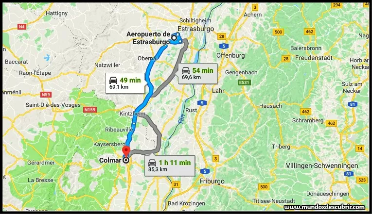 Distancia entre el Aeropuerto de Estrasburgo y Colmar en coche 