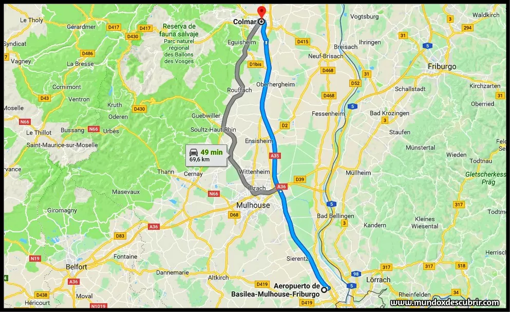Distancia entre el Aeropuerto de Basel – Mulhouse – Friburgo hasta Colmar en coche
