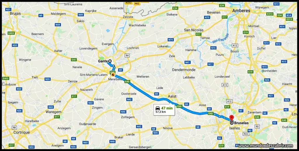 Mapa distancia entre Gante y Bruselas