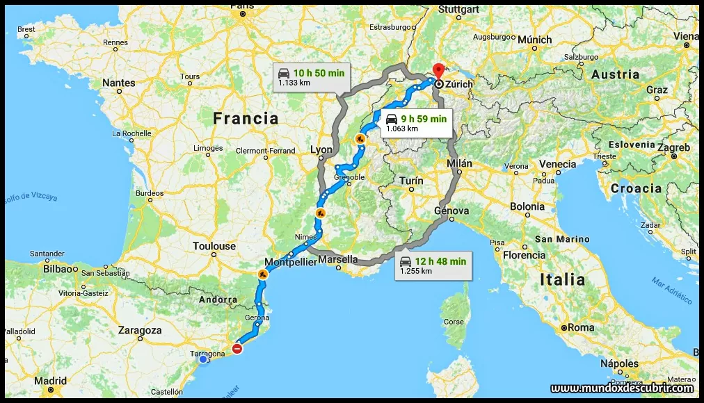 mapa distancia entre Barcelona y Zurich