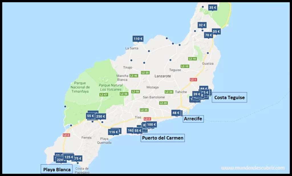 Mapa alojamiento - precios en Lanzarote